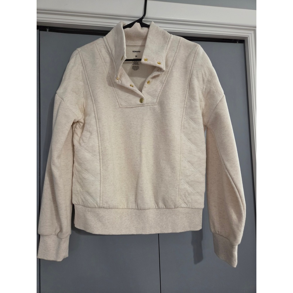 Excellent Sonoma Quilted Snap Neck Sweatshirt Size M Cream Oatmeal Pullover